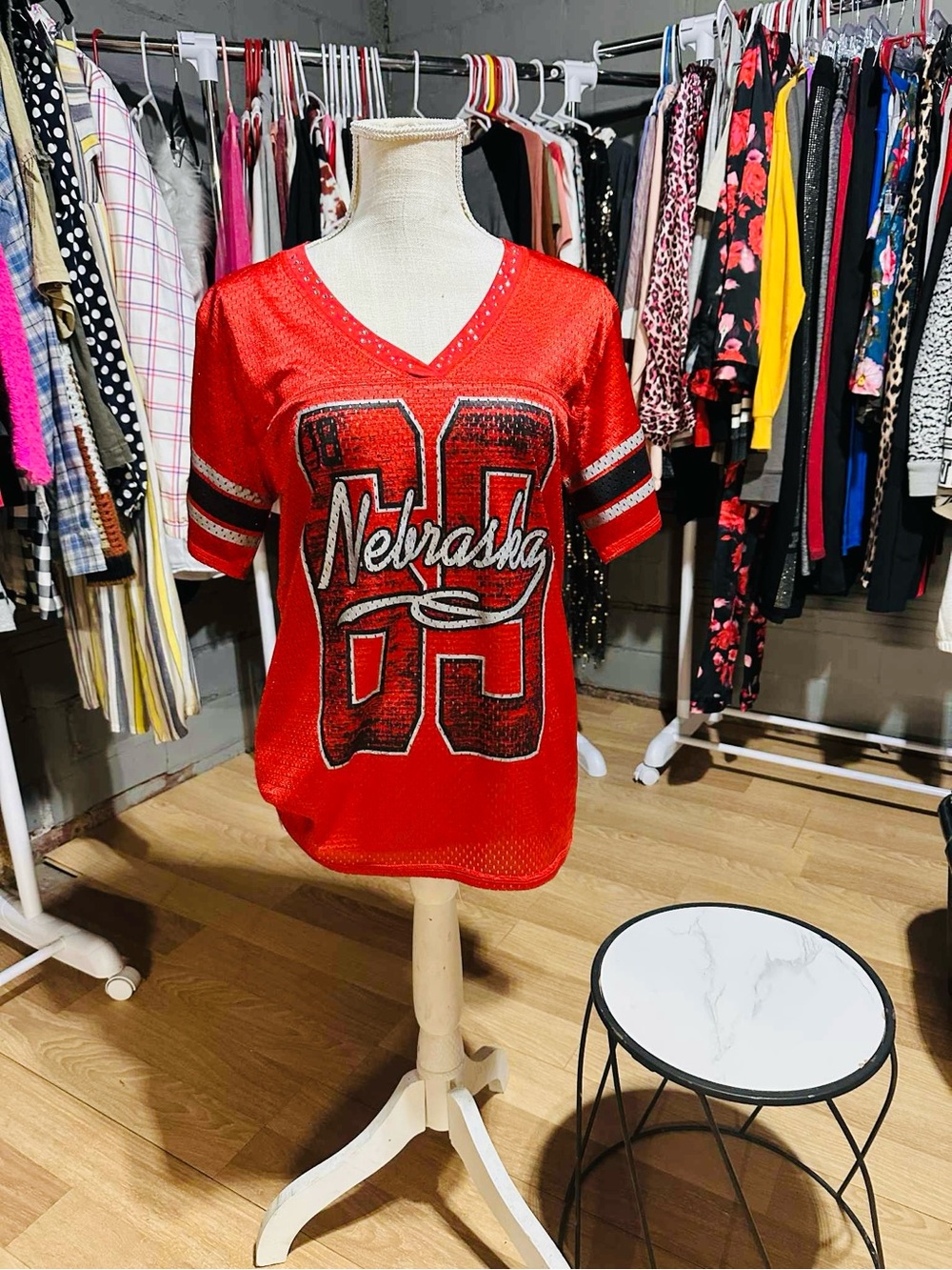 Nebraska Red Mesh Sports V-Neck Top